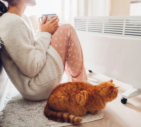 mujer cerca de un calefactor eléctrico junto a su gato