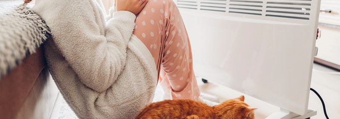 mujer cerca de un calefactor eléctrico junto a su gato