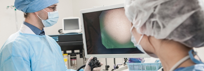 médico con mascarilla acompañado de una enfermera miran pantalla durante endoscopia