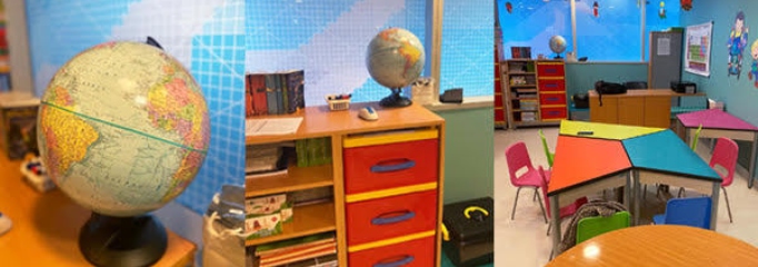 globo terráqueo, escritorios y mesas infantiles de colores