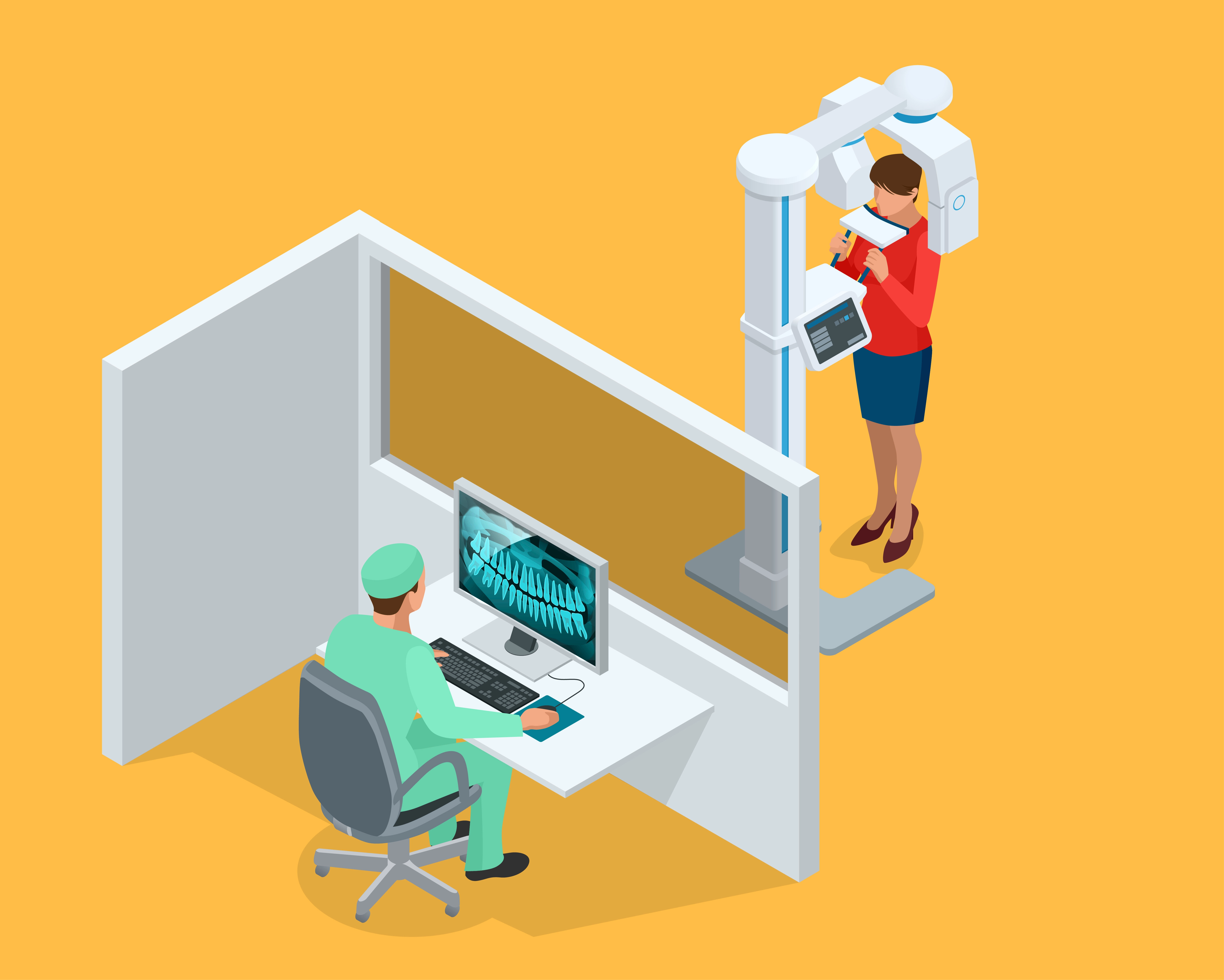 ilustración que muestra cómo se realiza una radiografía panorámica dental